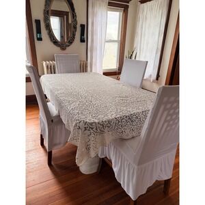 T11 Vintage Cream Floral Lace Tablecloth Scalloped Rectangle 64x84‎ Cottagecore